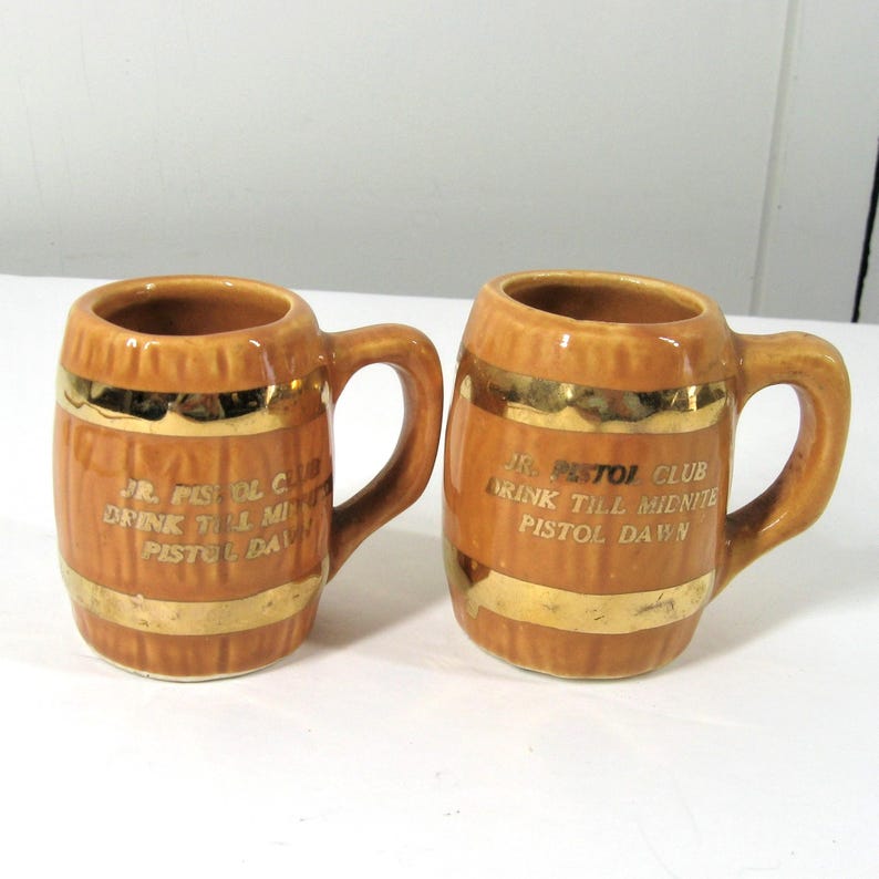 70s Barrel Shot Glass Set 2 Mini Ceramic Whiskey Beer Barrel Mugs Pistol Dawn Jr. Drink Til Midnite Vintage Novelty Barware