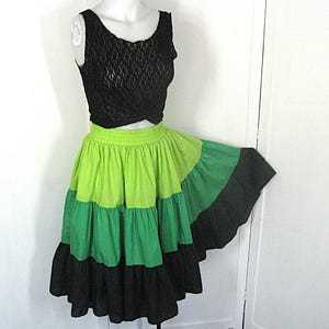 Vintage Circle Skirt Green & Black Tiered Color Block, Elastic Waist, Hidden Pockets, Made In US, Large