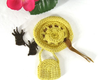 Vintage Hat & Purse Brooch, Handmade Yellow Crochet w Faux Gloves, 1940s Novelty Jewelry