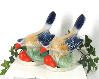 Vintage Lusterware Bird With Pear Figurines Set of 2, Hand Painted Porcelain Made In Brazil