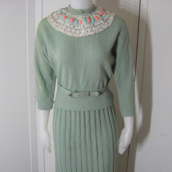 50s Beaded Sweater Suit Vintage Ribbed Knit Dress,