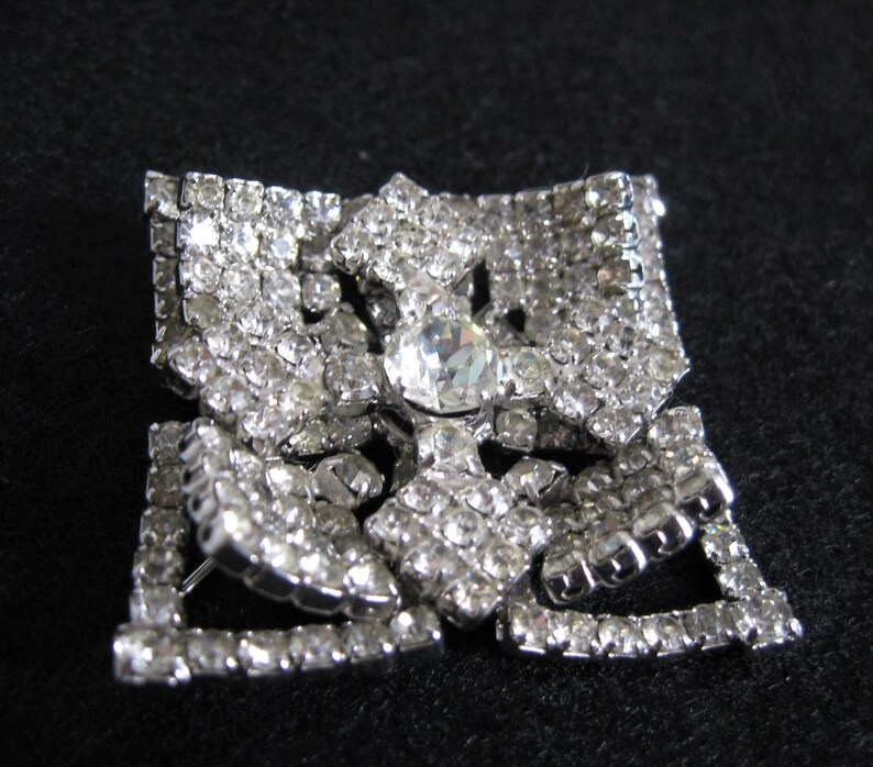 Vintage Kramer New York Brooch, Pave Crystal Rhinestones, Square w/ Cross or Rhombus w/ X, Early 1950s Signed Jewelry Pin image 6
