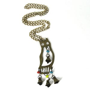Vintage Large Brass Owl Pendant Necklace, 1960s Dangling Glass Beads & Bells