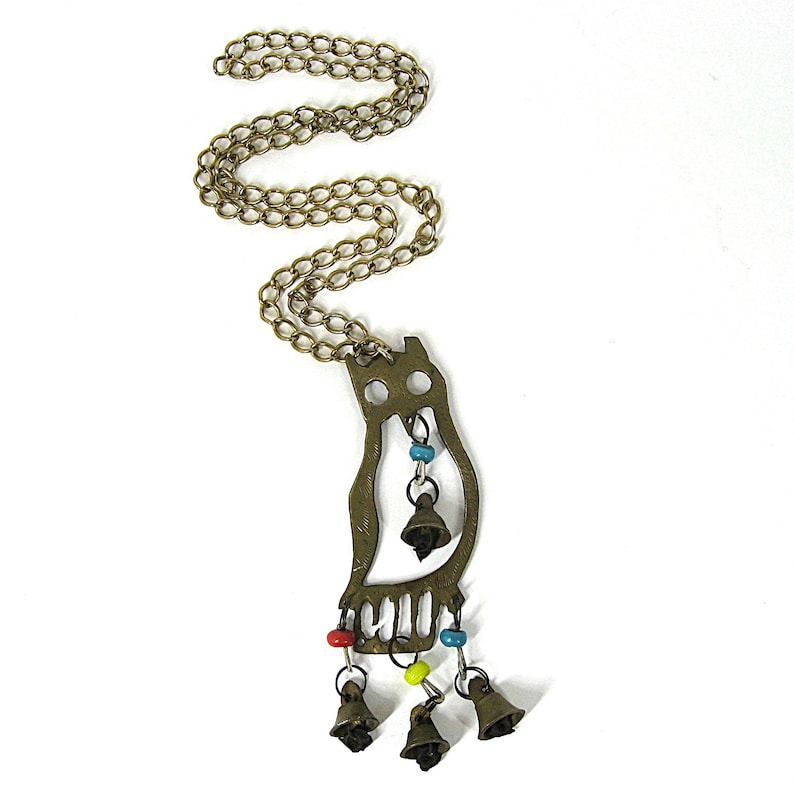 Vintage Large Brass Owl Pendant Necklace, 1960s Dangling Glass Beads & Bells