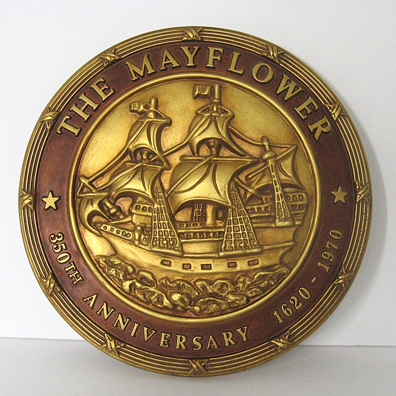 Vintage 350th Anniversary Mayflower Ship Wall Plaque, 1620-1970, Brass Bronze Tone Molded 3D Composite 15" Diameter bild 1