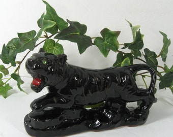 1950s Black Tiger Figurine On Base Green Rhinestone Eyes, Vintage Ceramic Gold Stripe Stalking Jungle Cat MCM Japan