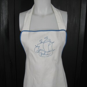 Vintage Bib Apron White Cotton Embroidered Spanish Galleon Ship + Name John