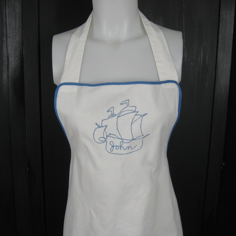 Vintage Bib Apron White Cotton Embroidered Spanish Galleon Ship + Name John