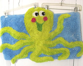 Chenille Octopus Rug Vintage Colorful Bath Mat, Whimsical Beach Bathroom Decor