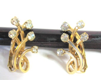 50s 60s Emmons Earrings Ear Climber Rhinestone & Gold Tone Clip On, Signed Vintage Jewelry