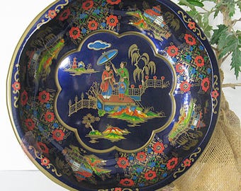 Vintage Chinoiserie Lithograph Tin Bowl Cobalt Blue Dahr Decorated Ware 1971, Made In England