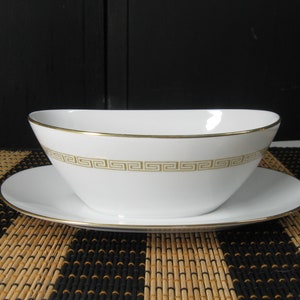 Sango Romance Gravy Boat Underplate, White Gold Greek Key, Made In Japan, Vintage 1980s Fine China Discontinued