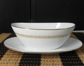 Greek Key Modern Gravy Boat Attached Underplate Sango Romance 80s Vintage, White w/ Gold Trim Made In Japan Fine China Serving Dish