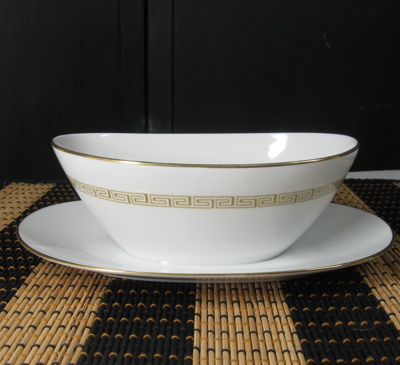 Sango Romance Gravy Boat Underplate, White Gold Greek Key, Made In Japan, Vintage 1980s Fine China Discontinued