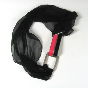 Vintage 1920s Art Deco Belt, Black Chiffon w/ Large Enameled Buckle Pink & Black Geometric image 2