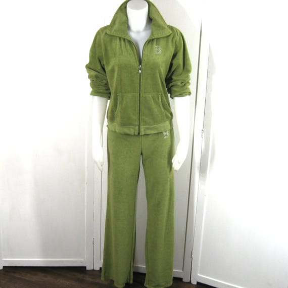 BCBG Maxazria Tracksuit 2 Pc Y2K Vintage Green Velour Rhinestone Bling Logo Jacket Pants Set S M Etsy