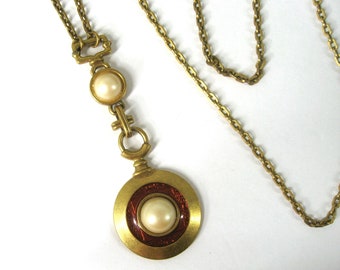 Anne Klein Necklace 24" Chain w/ Tandem Pendants Faux Pearl Cabochons On Coin Discs, Lion Logo Hang Tag, Signed Vintage