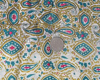 3 + Yards 1940s Vintage Rayon Challis Fabric, Paisley w/ Border, Blue Green Multi Color