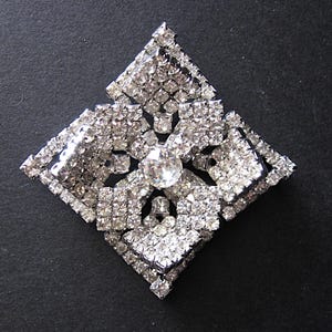 Vintage Kramer New York Brooch, Pave Crystal Rhinestones, Square w/ Cross or X, Early 1950s Signed Jewelry Pin