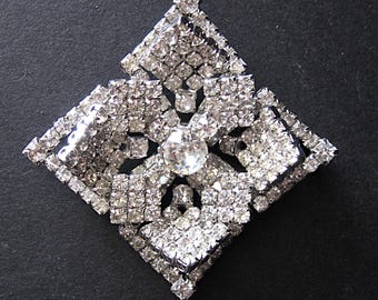 Vintage Kramer New York Brooch, Pave Crystal Rhinestones, Square w/ Cross or Rhombus w/ X, Early 1950s Signed Jewelry Pin
