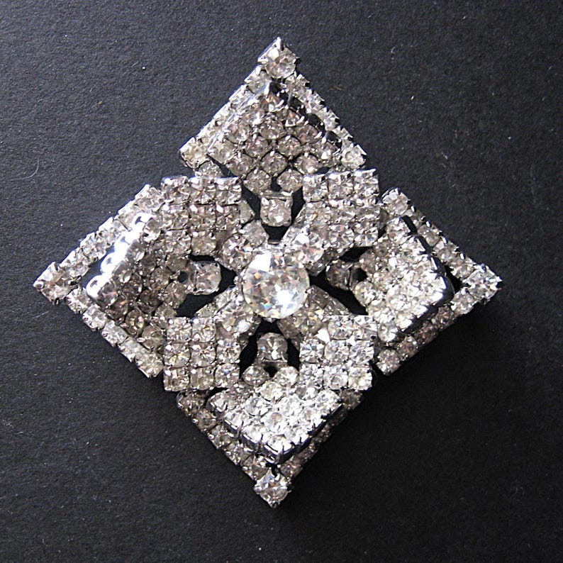 Vintage Kramer New York Brooch, Pave Crystal Rhinestones, Square w/ Cross or X, Early 1950s Signed Jewelry Pin