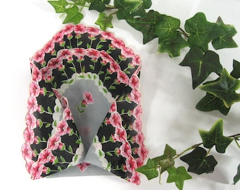 Vintage Cotton Handkerchief Pink Petunia Floral Black & Gray, 1950s Large 13" Hanky