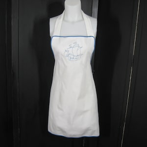 Vintage Bib Apron White Cotton Blue Embroidered Pirate Sailing Ship with Name John