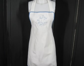 Vintage Bib Apron White Cotton w/  Blue Embroidered Clipper Sailing Ship Personalized w/ Name John