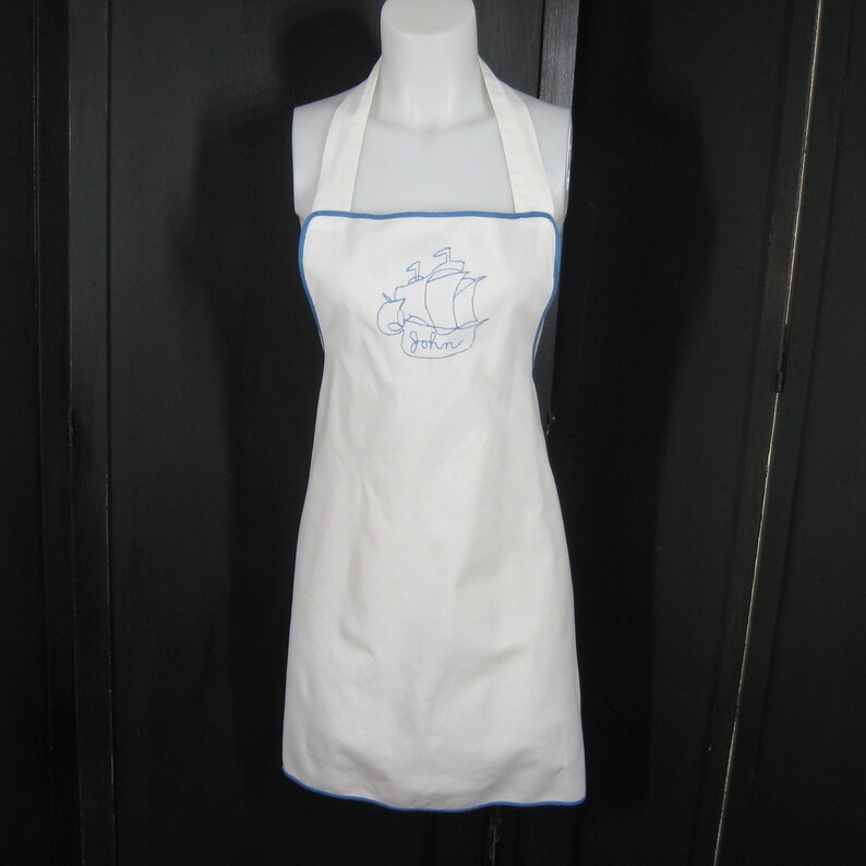 Vintage Bib Apron White Cotton Blue Embroidered Pirate Sailing Ship with Name John