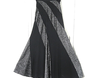 1970s Vintage Lame Swirl Skirt Black & Silver Maxi, Mod Bias Cut, Waist 26"