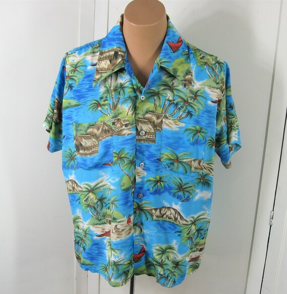 70s Hawaiian Shirt Cold Rayon Blue Island Print Vintage - Etsy