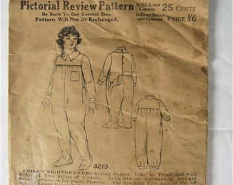 Child's Antique Night Drawers Pattern, 1900s Vintage Victorian Pictorial Review 9213, 1 Pc. Pajama w/ Stocking Feet Option, size 2