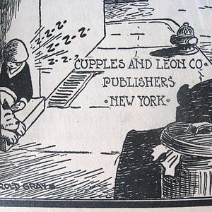 Pu&ograve; includere: Illustrazione in bianco e nero di un uomo che dorme su una sedia. L'immagine &egrave; tratta da un fumetto vintage pubblicato da Cupples and Leon Co. Publishers, New York.