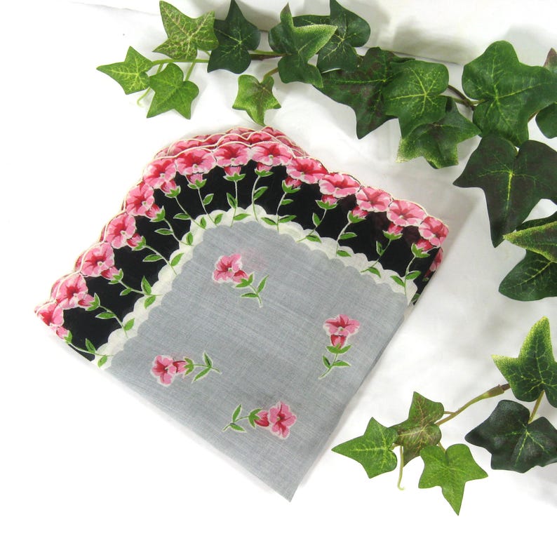 Vintage Handkerchief Petunia Pink Black Gray, 1950s Large Cotton Hanky Scalloped Edge