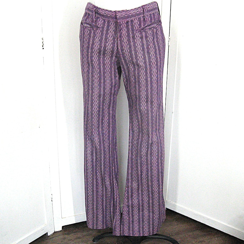 Vintage Purple Stripe 60s 70s Bell Bottom Cotton Print Jeans, New Old Stock, Men's W 31