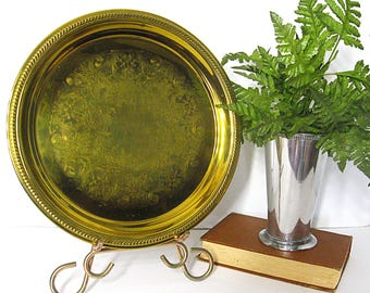 Vintage Etched Brass Tray 12" Round, Decorative Florals & Scrolls, Beaded Rim