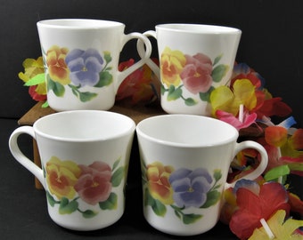 5 Mug Set Corning "Summer Blush" Cups, White & Multi Color Pansies, Made in USA, Corelle Pansy Floral, 90s Vintage Discontinued Pattern