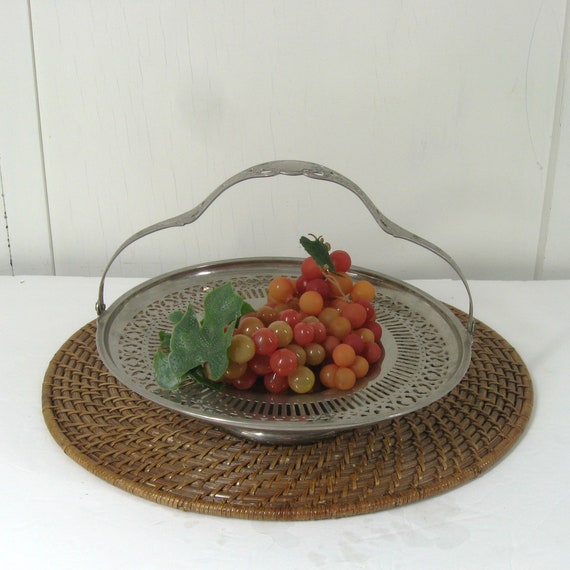 Vintage Round Metal Serving Tray W Fold Down Handle Footed