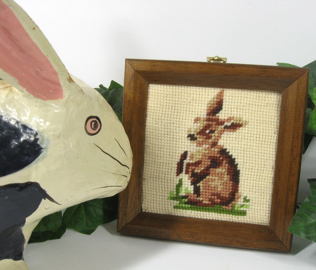 Vintage Needlepoint Rabbit Picture in Beveled Wood Frame, Brown Bunny
