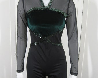 Black Bodycon Jumpsuit Boot Cut 90s Vintage, Sheer Long Sleeves & Bodice, Green Velvet + Sequin Trim, Size S M