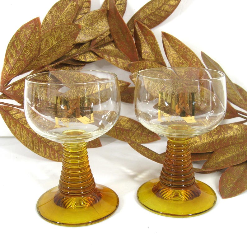 2 Vintage Amber Glass Beehive Coiled Stemware, Gilt N Monogram, Roemer Style Set Bild 7
