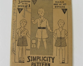 Vintage 1920s Boys Suit Pattern Unused Simplicity 7026, Shorts & Shirt Set w/ 3 Shirt Styles, Chest 23"