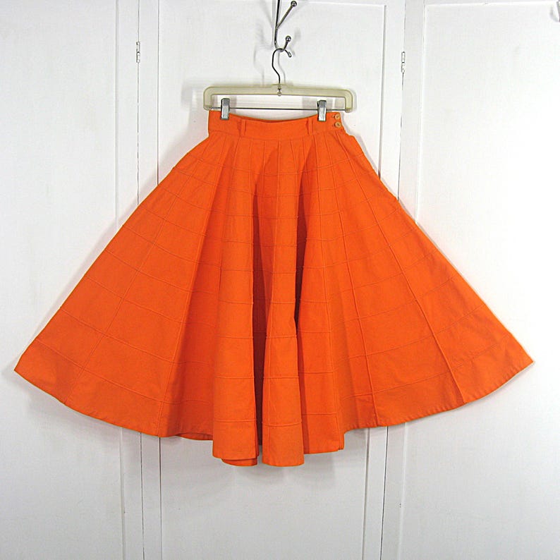 1950s Orange Cotton Circle Skirt, Window Pane Pattern, Vintage Gale & Gale Modern Jr, 24 Waist