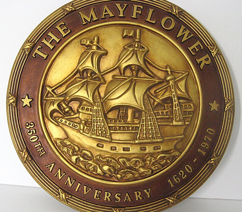 Vintage 350th Anniversary Mayflower Ship Wall Plaque, 1620-1970, Brass Bronze Tone Molded 3D Composite 15" Diameter bild 2