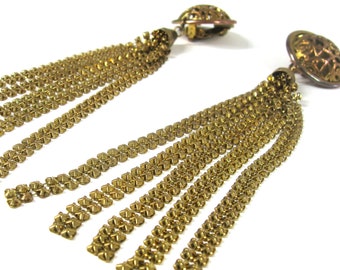 Vintage 1940s Chainmaille Earrings, 5 1/2" Shoulder Skimming Multi Strand Metal Mesh Tassels, Clip On