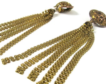 1940s 50s Earrings Chainmail Tassel  Shoulder Skimming Vintage Gold Tone Filigree Clip Back w/ Extravagant 5 1/2" Dangle Drop