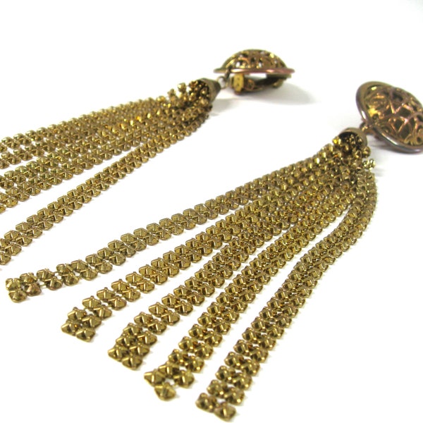 1940s 50s Earrings Chainmail Tassel  Shoulder Skimming Vintage Gold Tone Filigree Clip Back w/ Extravagant 5 1/2" Dangle Drop