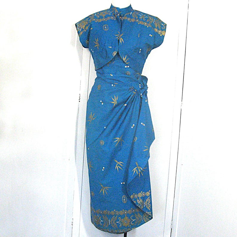 Vintage 1940s Nani Of Hawaii Sarong Dress & Bolero Jacket Cotton Set, Turquoise Gold White Print, Side Zip, Bust 34-35
