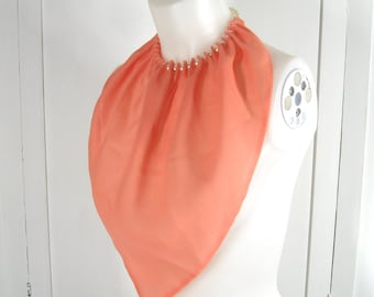 Dickie With Pop Bead Choker Peach Chiffon Scarf w Threaded Necklace Neckline, 50s Vintage Faux Blouse Front