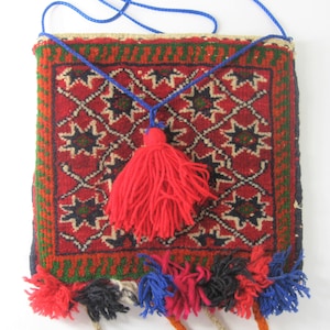 1960s Vintage Red Carpet Bag Purse, Handmade Original Hippie Oriental Rug Stash Pouch